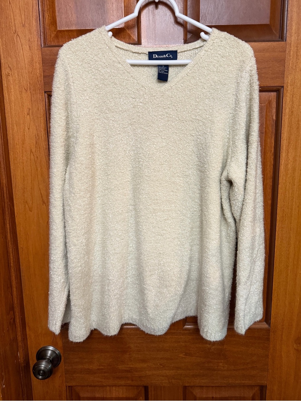 Denim & Co. Plus 1X Beige Textured Knit V-Neck Pullover Sweater Long Sleeve